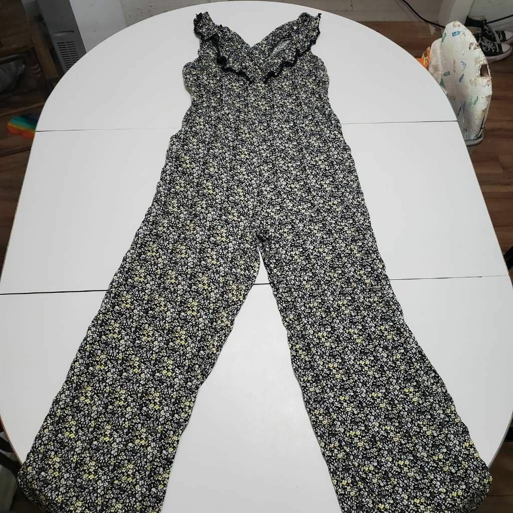 Love, Fire Womens Jumpsuit Black Yellow Floral Keyhole Ruffle Neck Sleeveless L